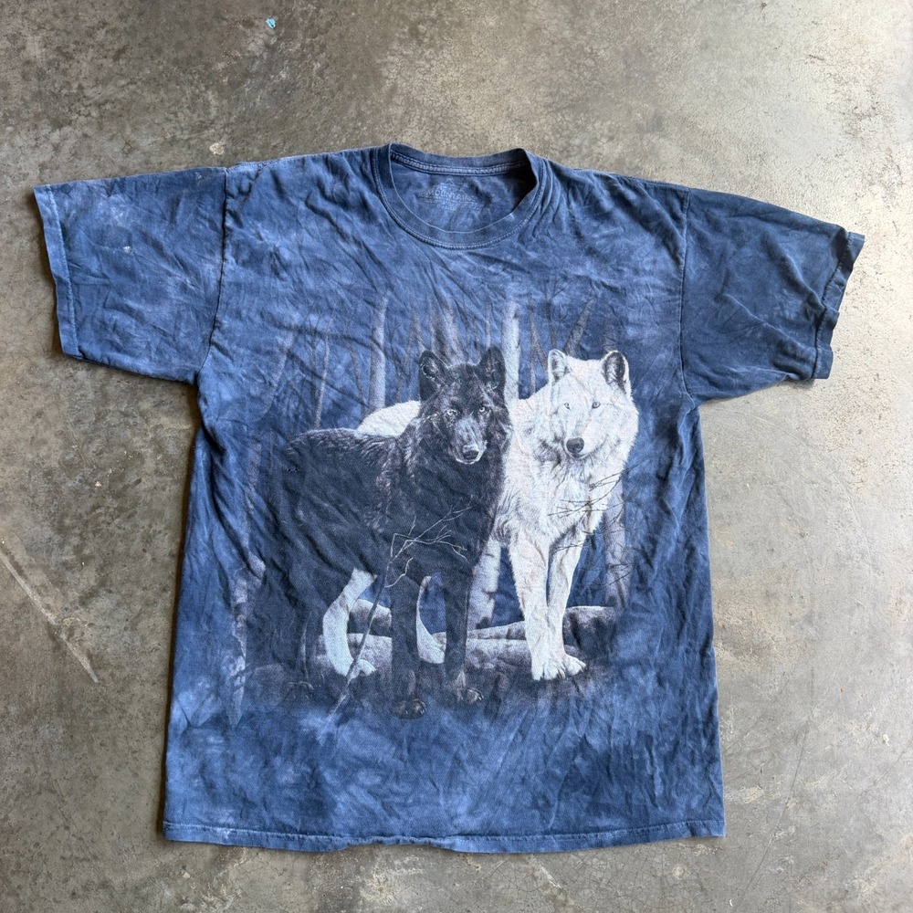 The Mountain Wolf Shirt Mens XL Blue Tie Dye Wolf Moon AOP Nature Boxy USA Y2K
